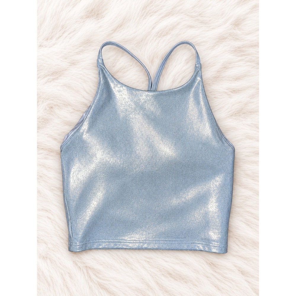 Old Navy Powersoft Long Line Sports Bra Metallic Blue High Neck Racerback Medium